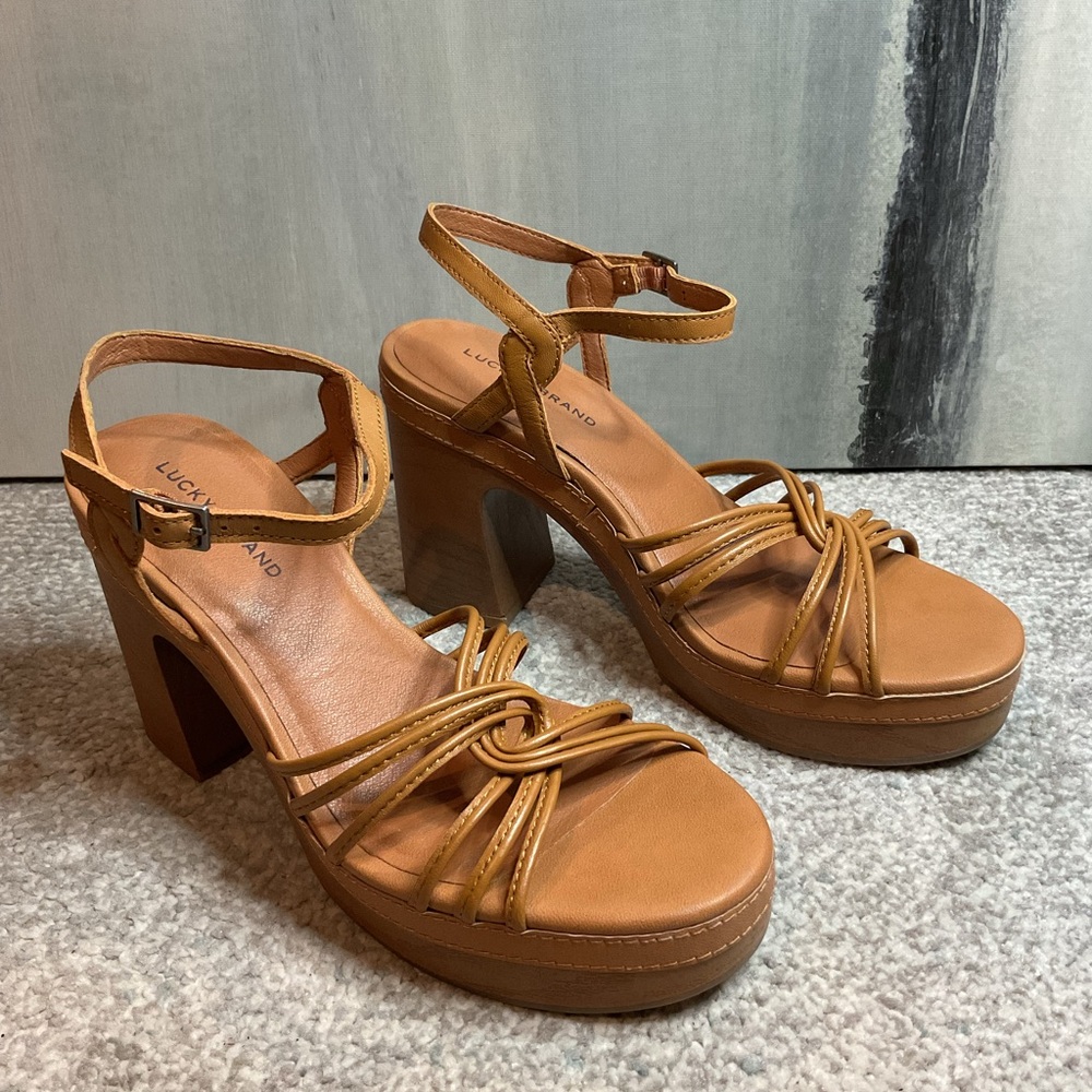 Lucky Brand Ismene Cognac Leather Platform Sandals – Size 8 (NIB) - Picture 3 of 11
